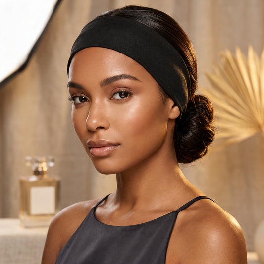 Bandeau cheveux VELAYA — modèle portant bandeau noir, ambiance premium dorée