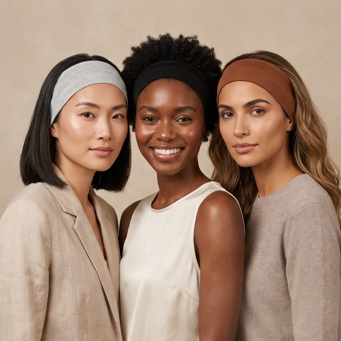 Bandeau cheveux VELAYA — coloris variés portés par trois modèles