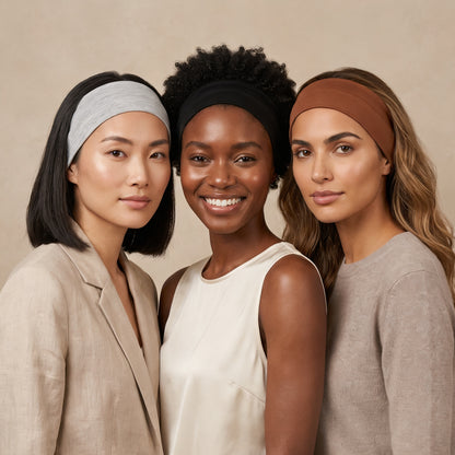 Bandeau cheveux VELAYA — coloris variés portés par trois modèles